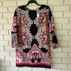 New NY&Co Black Red Pink Bell Sleeve Bohemian Shift Dress Size Small